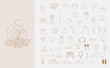Wedding hand drawn icon, doodle, clipart, line art collection featuring ring, couple, car, camera, dress, cake and more drawings.