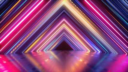 3d render, abstract geometric background with colorful neon lines