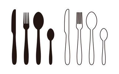 Cutlery black icon. Spoon, fork, knife silhouette and line set. Vector illustration.