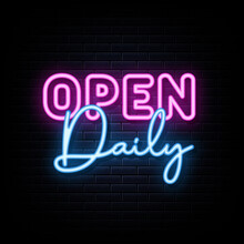 Open Daily Neon Signs Vector. Design Template Neon Sign