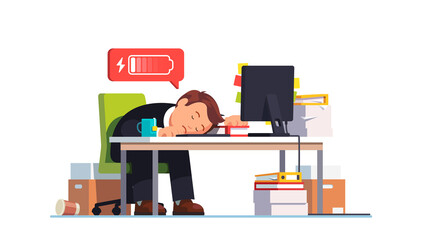 Frustrated worker fell asleep at workplace desk