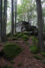 Rock formation in Palatinate Forrest / Pfälzerwald and Vosges with the border triangle between Rhineland Palatinate, Germany, Alsace, Grand Est, France and Lorraine, Grand Est, France on top
