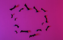 Flying Paper Cut Bats In Neon Blue Pink Neon Light. Halloween Theme