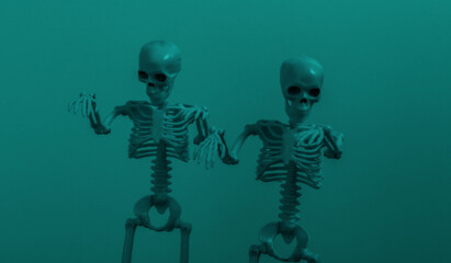 Scary skeletons in green dark light
