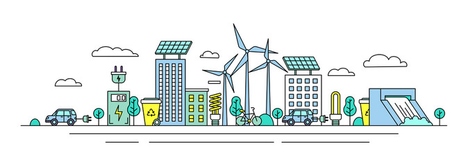 Poster - city view energy eco concept contour linear style. vector illustration of lineart cityscape exterior