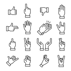 Poster - Hand Gestures Sign Black Thin Line Icon Set Include of Fist, Forefinger, Ok and Victory. Vector illustration of Icons