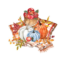 Watercolor fall arrangement. Hand painted orange, white blue pumpkins, plaid pillows. apples, fall leaves. Harvest themed design. Autumn illustration.