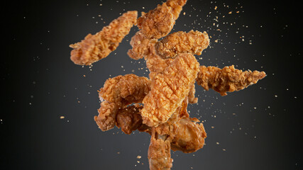 Freeze motion shot of flying tasty fried chicken wings or strips