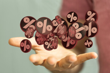 Poster - Red cubes percent falling on a white background. 3d rendering. Illustration for advertising.