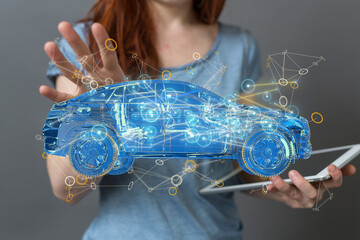 Poster - Electric car icon from lines, triangles and particle style