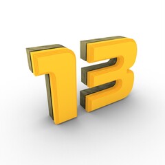 Poster - Stone gold 3d number 13 on a white background with a shadow below. Rendering an image.