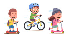 Girl, Boys Enjoying Riding Bicycle, Kick Scooters