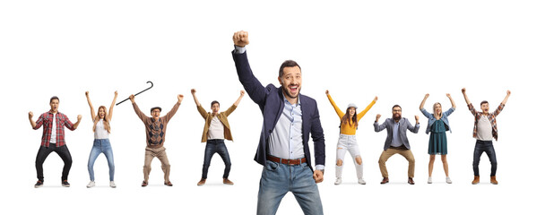 cheerful young man gesturing happiness and other people behind raising arms
