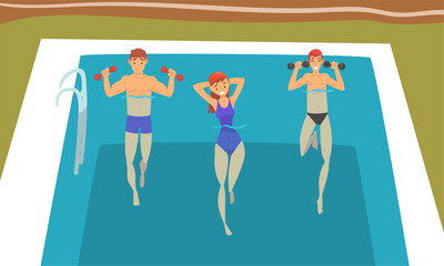 Poster - Young Man and Woman with Dumbbells in Swimming Pool Doing Physical Exercise Vector Set