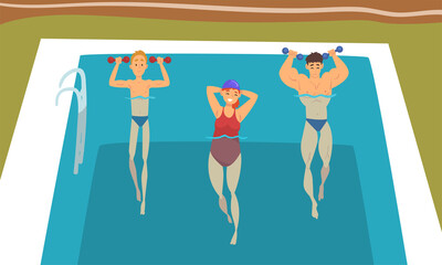 Poster - Young Man and Woman with Dumbbells in Swimming Pool Doing Physical Exercise Vector Set