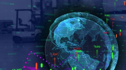 Poster - Animation of globe and digital interface with data processing over warehouse