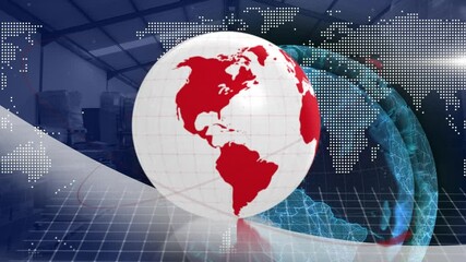Poster - Animation of globe and digital interface with data processing over warehouse