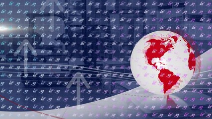 Poster - Animation of globe and digital interface with data processing over warehouse