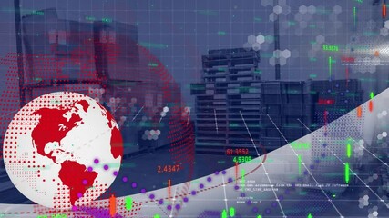 Poster - Animation of globe and digital interface with data processing over warehouse