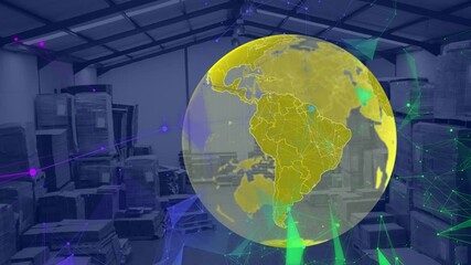 Poster - Animation of globe and digital interface with data processing over warehouse