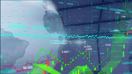 Poster - Animation of globe and digital interface with data processing over warehouse