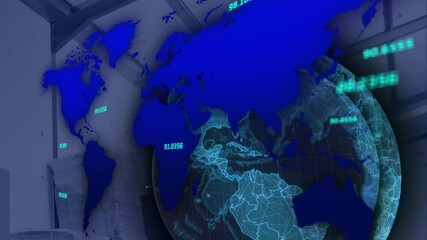 Poster - Animation of globe and digital interface with data processing over warehouse