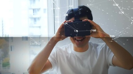 Poster - Animation of globe with network of connections over man using vr headset