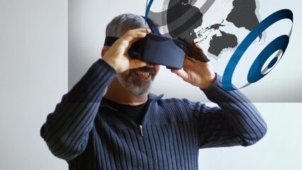 Poster - Animation of globe with network of connections over man using vr headset