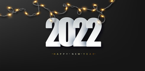 Wall Mural - 2022 new year luxury illustration on dark background with luminous led garland. Happy New Year greetings