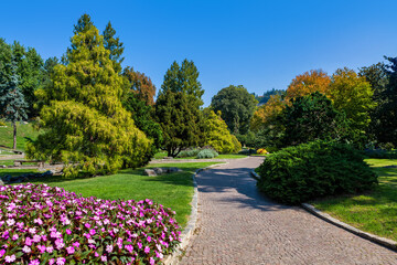 Wall Mural - Walkway, green grass and colorful trees at Valentino park in Turin, Italy.