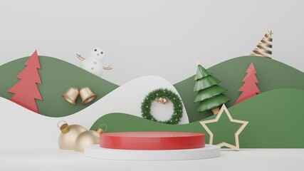 3d Display Podium for product and cosmetic presentation with Merry Christmas and Happy new year concept. Modern geometric. Platform for mock up and showing brand. Minimal clean design.