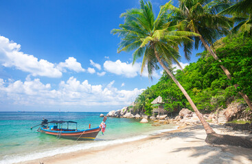 Wall Mural - Tropical beach with coconut palm and longtail boat