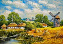 Oil Rural Paintings Landscape, House In The Countryside, Windmill In The Country