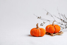 DIY Decorative Burlap Pumpkins For Halloween. Festive Background In Orange.