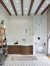 Bathroom Interior. Wooden Beams On The Ceiling. 3D Render.