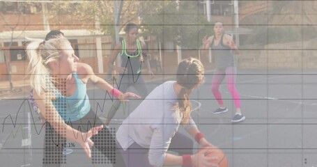 Canvas Print - Animation of statistics and data processing over girls playing basketball