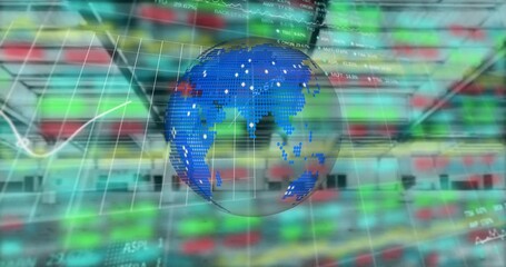 Poster - Animation of globe and financial data processing over empty industrial interiors