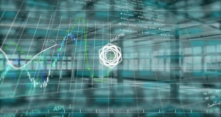 Poster - Animation of hexagon and financial data processing over empty industrial interiors