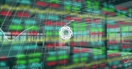 Poster - Animation of hexagon spinning and financial data processing over empty industrial interiors
