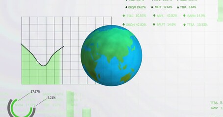 Poster - Spinning globe icon over financial and stock market data processing against white background