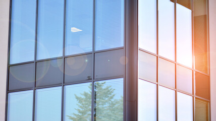 Wall Mural - Corporate architecture building. New modern office building. Textured blue pane of contemporary glass architectural building. Sunlight.