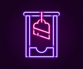 Poster - Glowing neon line Guillotine medieval execution icon isolated on black background. Colorful outline concept. Vector