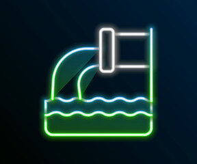 Canvas Print - Glowing neon line Wastewater icon isolated on black background. Sewer pipe. From the pipe flowing liquid into the river. Colorful outline concept. Vector