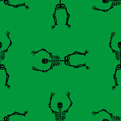 Wall Mural - Seamless pattern with black skeletons dancing and having fun on a green background.