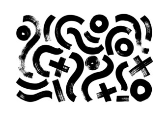 Fototapete - Black paint curved brush strokes, grunge crosses, dirty circles vector set. Hand drawn curved and wavy lines with grunge circles. Chaotic ink brush scribbles decorative set. Bold curvy lines.