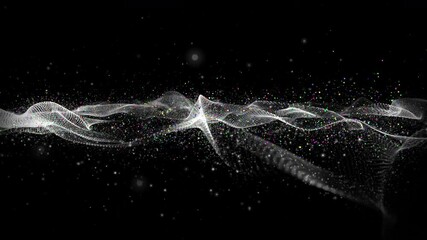 Wall Mural - futuristic animation with gray wave object and colorful glitter particles in slow motion, 4096x2304 
