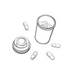 Open jar of medicine. Pills are scattered, hand-drawn in black and white, simple graphics. Vector illustration