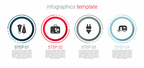 Sticker - Set Rubber flippers for swimming, Suitcase, Swimsuit and Rv Camping trailer. Business infographic template. Vector