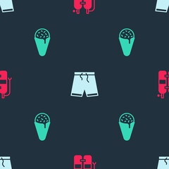 Poster - Set Aqualung, Swimming trunks and Ice cream waffle cone on seamless pattern. Vector