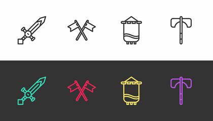 Sticker - Set line Medieval sword, Crossed medieval flag, and axe on black and white. Vector